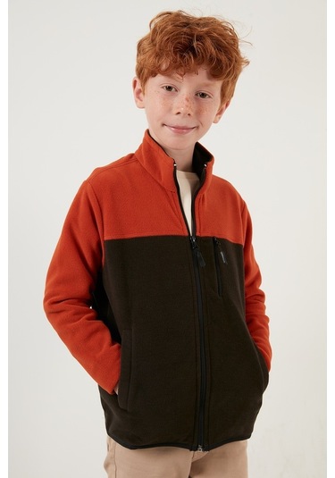 Lela Yumuşak Dokulu Fermuarlı Renk Bloklu Dik Yaka Cepli Hırka Unisex Çocuk Polar 5905001 Orange-Antrasit