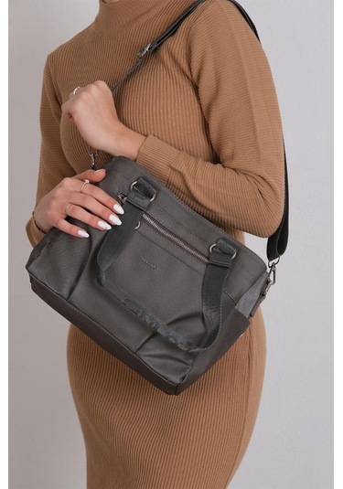 Kadın Omuz Çantası Saten Kumaş 35 25 Cm Çapraz Askılı Postacı Çanta Mega Bag Vegan Deri Kol Çantası Gri