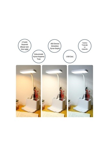 Buffer Kalemlikli Usbli Dokunmatik 3 Kademeli 360 Derece Özel Göz Korumalı Led Lityum Masa Lambası -m11 Beyaz
