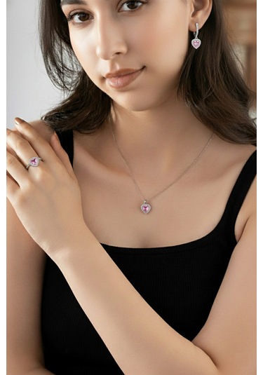 925 Ayar Pembe Taşlı Rodyum Pırlanta Işıltılı Kalp 3'lü Gümüş Set-takım Ayarlanabilir Gümüş