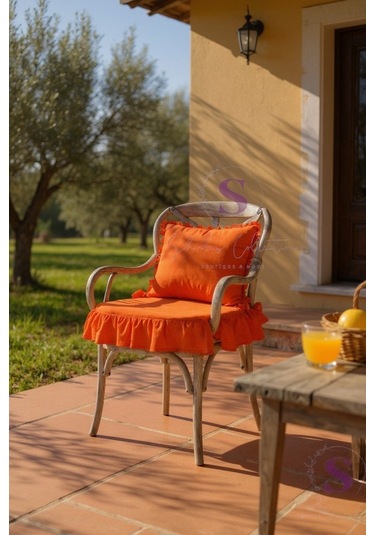 Turuncu Renk El Yapımı Buldan Yıkanmıs Keten 4 Tarafı Fırfırlı Sandalye Minderi Turuncu