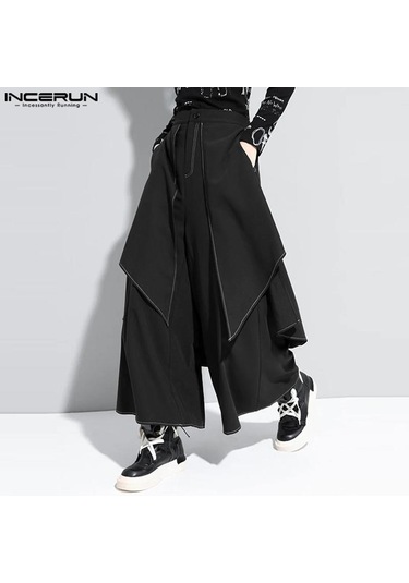 Incerun Sonbahar Sahte İki Parçalı Pileli Düzensiz Etek Uzun Pantolon Siyah