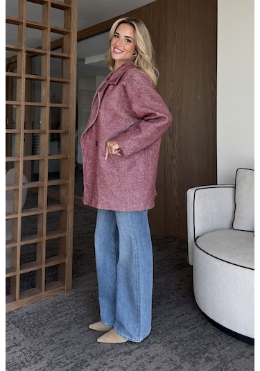 Bordo 1. Sınıf Kalite Balık Sırtı Oversize Kaşe Kaban Bordo