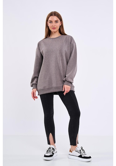 Comeor Kahve Kadın Pamuklu Oversize Basic Bisiklet Yaka Sweatshirt 001