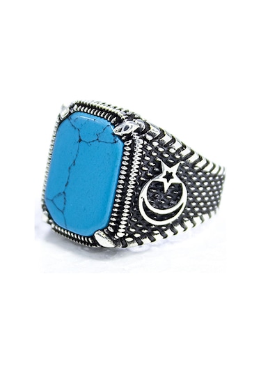Gümüş Ayyıldız Desenli Firuze Taşlı Erkek Yüzük
