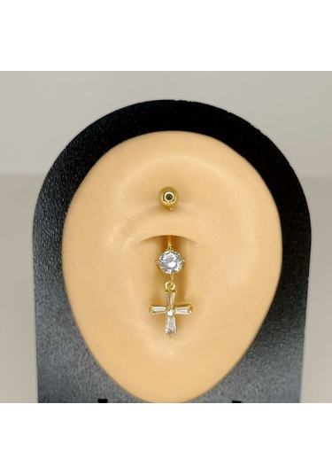 Aya Tasarım Gold Renk Taşlı Haç Figürlü Göbek Piercing