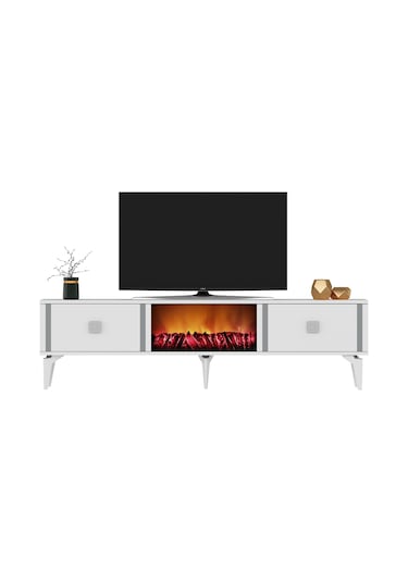 Dorruk Tv Sehpası Alt Modül Şömineli Beyaz-gümüş