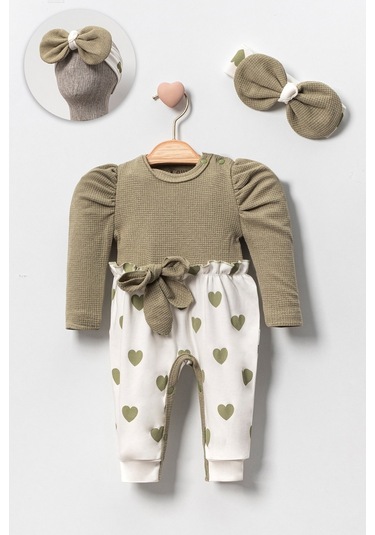 Kız Bebek Kalp Desenli Waffle Bandanalı 2'Li Tulummmm Yeşil