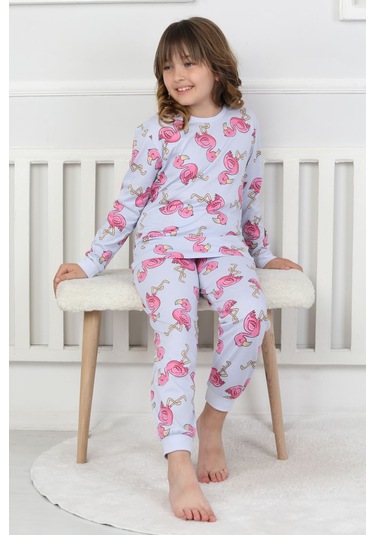 Cute Flamingo Desenli Kız Çocuk Pijama Takımı Mavi