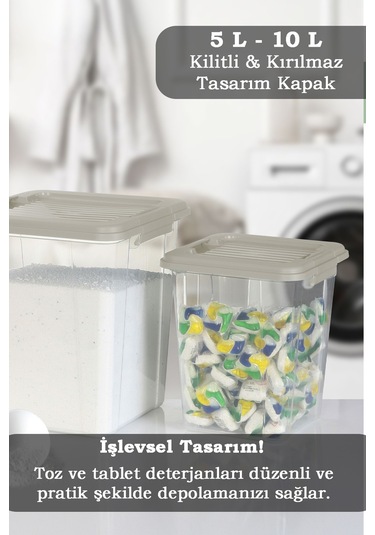 2'li Set 5-10l Kilit Kapak Saklama Kutusu Deterjanlık - Un Bakliyat Erzak Saklama Kabı Organizer Box Bej