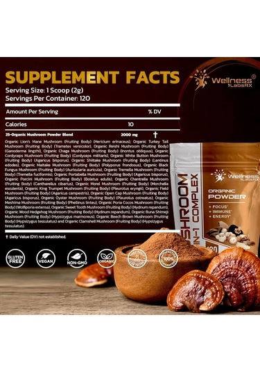 Organic Powder Mushroom 25-ın-1 Complex 120 Servis Net Wt 8.5 Oz 240 G