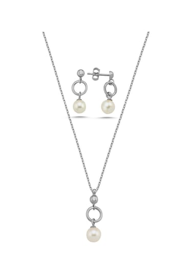 7,5 Mm Halka Doğal İnci Küpe Kolye İkili Set