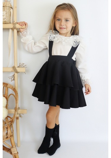 Kız Çocuk Helen Askılı Kat Kat Bağlama Jile Elbise Dantel Detay Uzun Kollu Bluz Takım Siyah