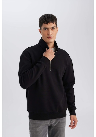 DeFacto Siyah 3 İplik Pamuklu Şardonlu İçi Polarlı Comfort Regular Fit Rahat Kalıp Dik Yaka Fermuarlı Kalın Sweatshirt D9067AXNSBK81