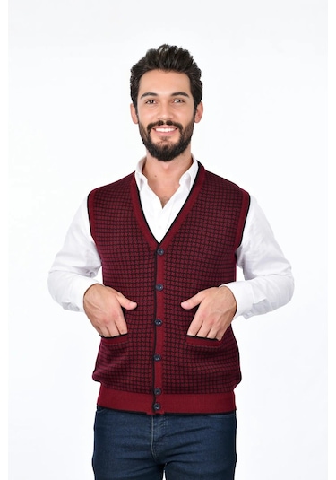 Kamalı Bordo Erkek Çelik Örgü Düğmeli Cepli Kazayağı Desen Tüylenmeyen Triko Kışlık Kazak Yelek Bordo