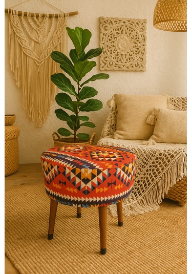 Ustaagac Puf Koltuk Bench Tabure Anadolu Kilim Al- Ahşap Ayaklı Kırmızı - Beyaz