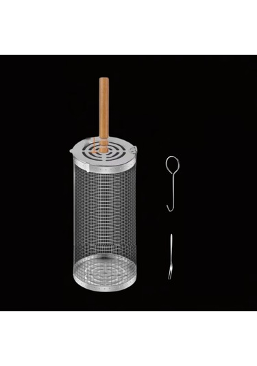 Sones Ahşap Saplı Küçük Paslanmaz Çelik Tekerlekli Izgara Sepeti Flip-top Kapaklı Barbekü Kafesi