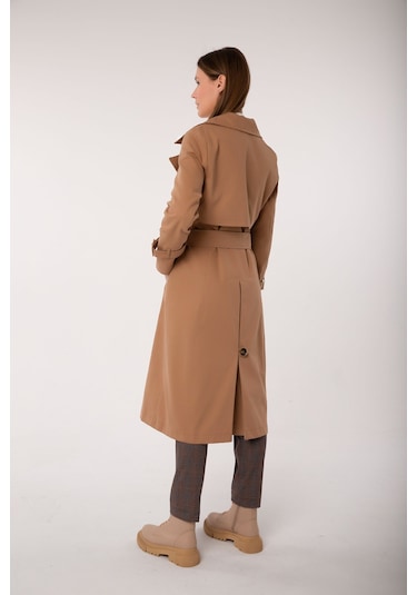Pastelastore %100 Pamuk Gabardin Uzun 110cm Astarlı Kemerli Kadın Trençkot 1111 Bej