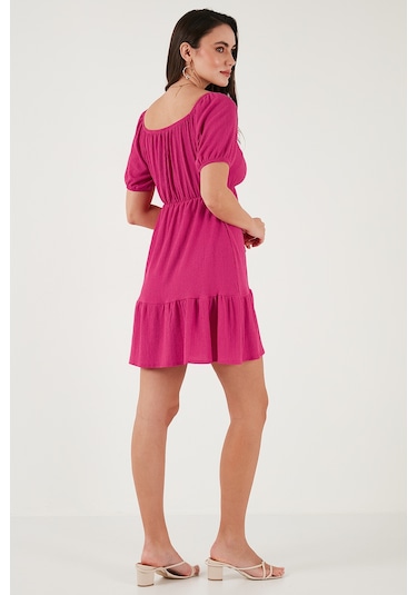Lela Önü Büzgülü Balon Kollu Mini Bayan Elbise 5869005 Fuşya