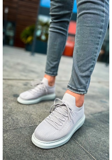 Pabucmarketi Bağcık Detaylı Triko Kumaş Erkek Spor Ayakkabı Gri Çok Renkli