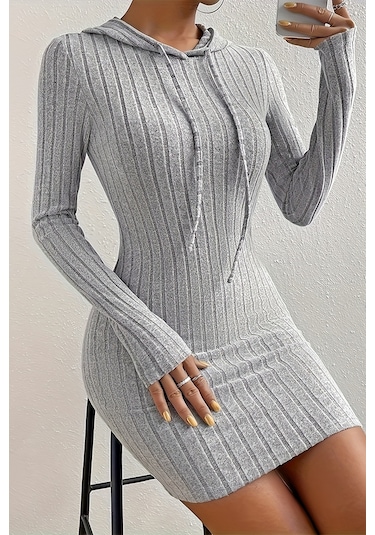 Merry See Uzun Kollu Kapşonlu Mini Elbise Gri