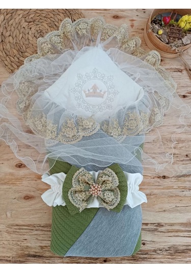 Yenidoğan Teri Cotton Taç Nakışlı Prizma Taş Kundak Bebek Battaniyesi Yeşil Çok Renkli