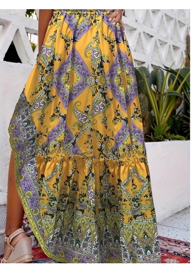 Sarı Paisley Desenli Büzgülü Etekler, Boho Pileli Yazlık Maxi Etekler, Kadın Giyim Sarı