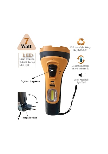 Gold Silver Gs-4275 Şarj Edilebilir El Feneri 7 Watt, Cob Aydınlatmalı Portatif El Feneri Siyah