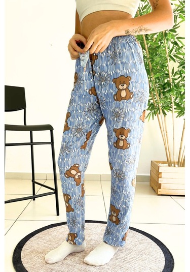 Dreamy Soft Kadife Dokulu Ayıcık Desenli Süet Pijama Altı Pantolon Mavi