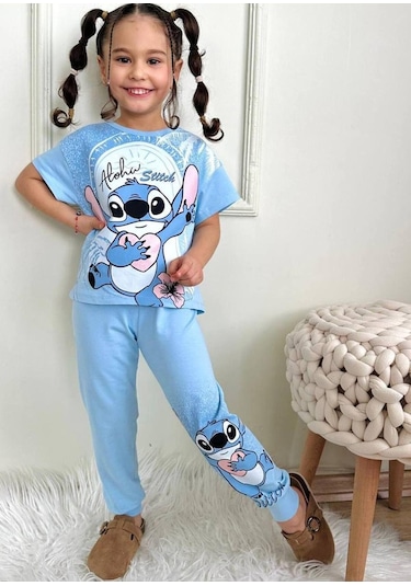 Kız Çocuk Stitchh Desenli Kısa Kollu Tshırt Eşofman 2'li Takım-993 Mavi