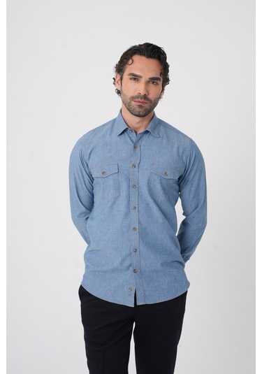 Bisse Erkek Regular Fit Uzun Kollu Denim Casual Gömlek Gmdnm252165 D35 Mavi