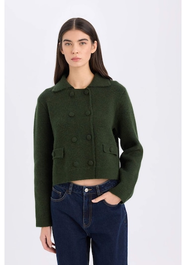 DeFacto Regular Fit Polo Yaka Basic Düz Düğmeli Triko Hırka E2289AX24WNKH470 Haki