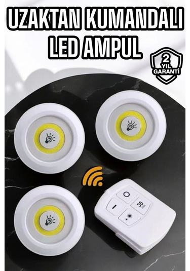 Spot Lamba Led Işık 3'lü Uzaktan Kumandalı Pilli Yapışkanlı Kablosuz Çok Renkli