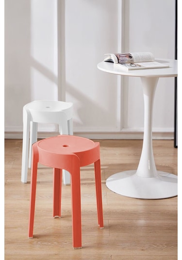 Kaymaz Ayaklı İçiçe Geçebilen Plastik Tabure 4 Adet Mercan-beyaz