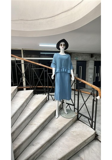 İtalyan Saçak Detaylı Müslin Keteni Yırtmaçlı Elbise - Bluz & 2'li Takım-9905 Koyu İndigo