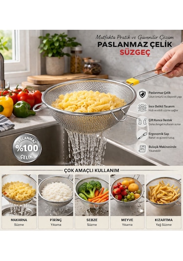 Oms Collection Ferro Tek Parça %100 Paslanmaz Çelik İnce Delikli Süzgeç 7501 - 18 Cm - Gümüş