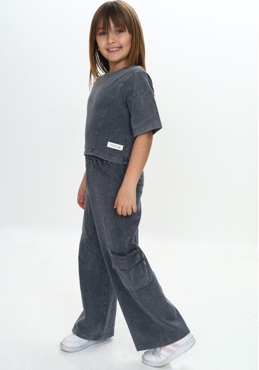 Toontoy Kız Çocuk Yıkamalı Crop Eşofman Takım Füme Melanj