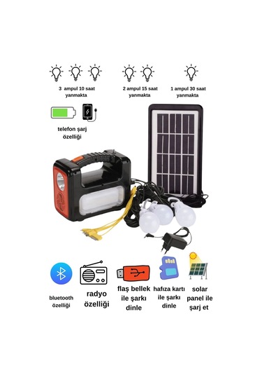 Solar Panelli Radyolu Çok Foksiyonlu Kamp Feneri Bluetooth
