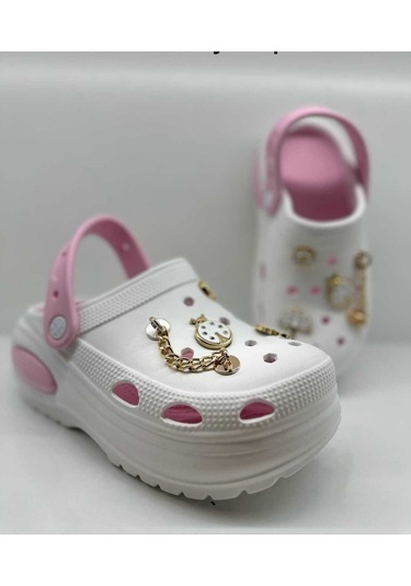 Twingo Taşlı Emojili Kadın Terlik , Sandalet Yüksek Taban Beyaz-pembe
