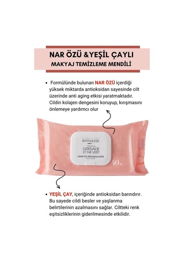 Byphasse Nar Ve Yeşil Çay Özlü Makyaj Temizleme Mendili Olgun Ciltler 40'lı