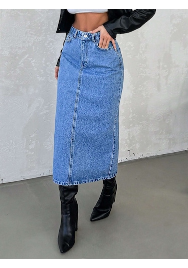 Dema Kadın Mavi Renk Yüksek Bel Pamuklu Bilek Boy Denim Etek