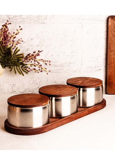Steel&More Ahşap Kapak Çelik Çerezlik 7 Parça Sızdırmaz Saklama Kabı 12cm Gri