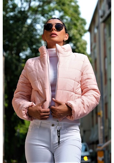 Kadın Pudra Dik Yaka Su Geçirmez Kısa Şişme Mont