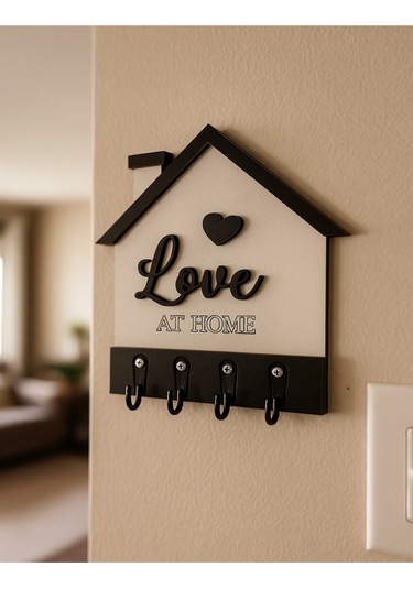 Love Yazılı Ev Şekilli Anahtarlık Askılığı, Anahtar Askılığı Siyah - Beyaz