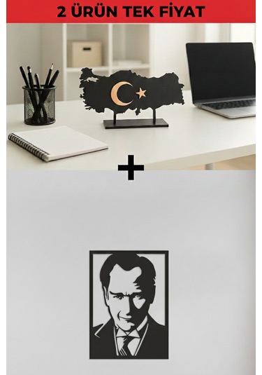 2 Ürün Al Tek Öde Atatürk Portre Ahşap Mdf + Türkiye Haritası