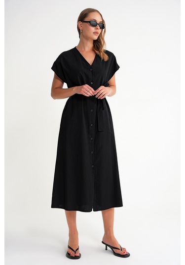 4721 Kadın V Yaka Düğme Detaylı Keten Elbise Siyah Siyah