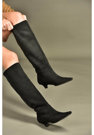 Fox Shoes V404012302 Siyah Süet Kısa Topuklu Kadın Çizme Siyah