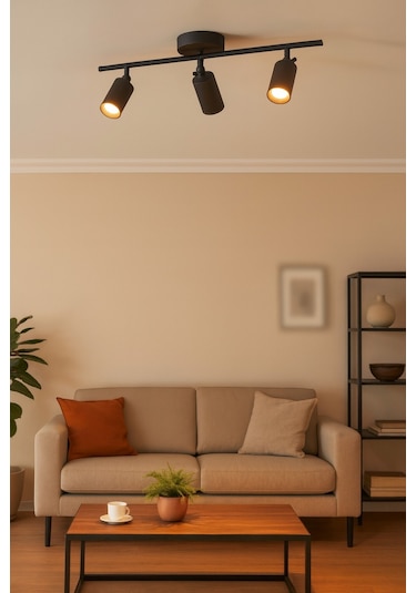 Spoti 3'lü Siyah Renk Gün Işığı Modern Tasarım Salon - Mutfak - Banyo Spot Ledli Sıralı Avize Siyah