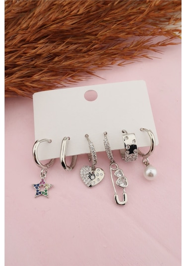 Kadın Kararmaz Altın Kaplama Incili 6 Lı Küpe Seti Gümüş-M Altın