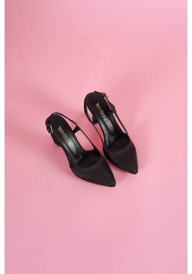 Duck Siyah Saten Yanları Açık Topuklu Ayakkabı